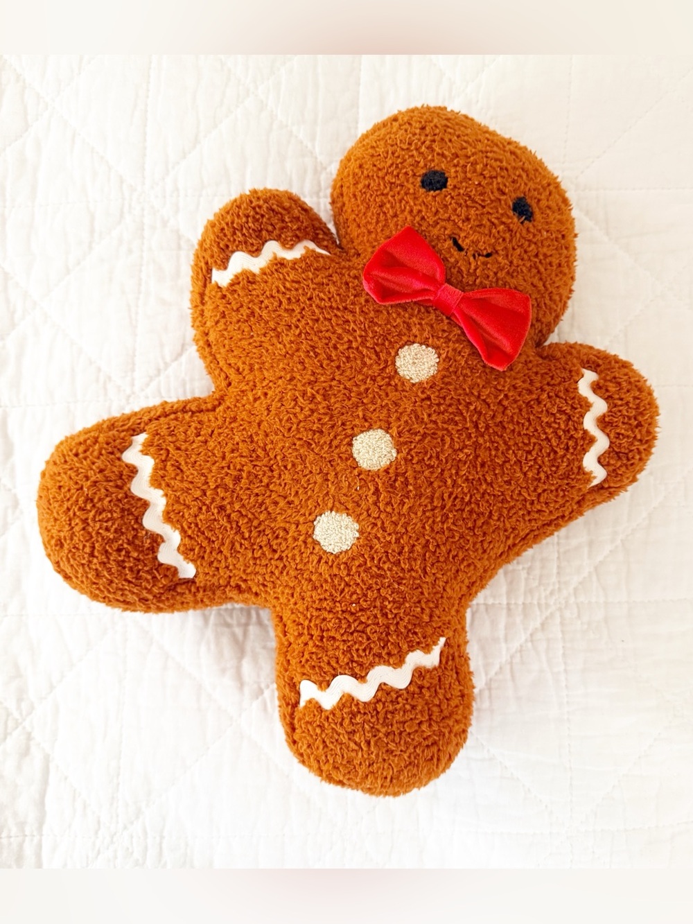 NEW Plush Gingerbread Holiday Throw Pillow Brown with Red Bow NWOT